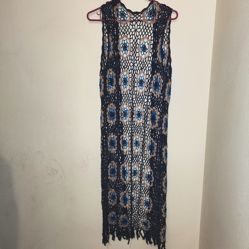 Boho Flowy Blue Crocheted Long Vest Cover Up in Size M/L Fringe/Tassels